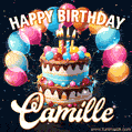 Hand-drawn happy birthday cake adorned with an arch of colorful balloons - name GIF for Camille