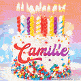 Personalized for Camille elegant birthday cake adorned with rainbow sprinkles, colorful candles and glitter