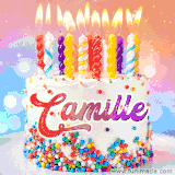 A cheerful white birthday cake with multicolor sprinkles, lit candles, and 'Camille' written in vibrant letters, in an animated GIF.