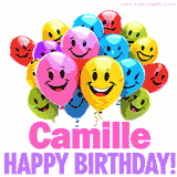 Animated colorful and joyful birthday balloons with cheerful smiles and a bright 'Happy Birthday Camille!' message in pink and purple.