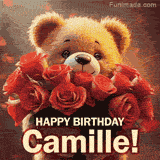 Cinematic style cute animated teddy bear with charming features holding a large bouquet of red roses, the words say 'Happy Birthday Camille' in sans serif font.