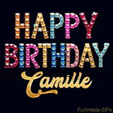 Vibrant luxury birthday greeting card for Camille, showing glittering gemstone letters and golden calligraphy on a dark background with twinkling shine effects.