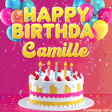 Pink-themed animated greeting with balloons, confetti, and a frosted cake under the message 'Happy Birthday Camille' in bold rounded yellow font.