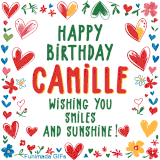 A colorful animated card for Camille’s birthday featuring playful hearts, cheerful flowers, and a handwritten message wishing smiles and sunshine.