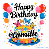 An animated birthday card for Camille. It features a festive cake with her name, 'Camille', and colorful butterflies. Floating balloons and hearts complete the joyful scene.