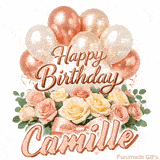 Stylish pink and gold Happy Birthday Camille animation with floral decor