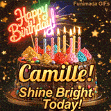 Happy Birthday Camille animated GIF displaying a chocolate drip cake decorated with multicolored frosting and lit candles.