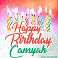 Happy Birthday GIF for Camyah with Birthday Cake and Lit Candles