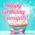 Happy Birthday Camyah! Elegang Sparkling Cupcake GIF Image.
