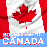 GIF animé montrant le drapeau canadien flottant au vent, avec le message « Bonne Fête du Canada » en lettres rouges et blanches sur fond bleu clair.
