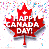 A 3D red maple leaf with a white maple emblem in the center displays 'Happy Canada Day!' in bold text, with colorful confetti falling over a white background.