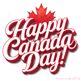 A festive red-and-white Canada Day greeting in elegant 3D typography, with a realistic maple leaf accenting the message, set on a minimal white background.