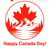 A circular red and white emblem showing snow-capped mountains, pine trees, and a lake inside a large red maple leaf. Falling autumn leaves surround the red Happy Canada Day! text.
