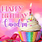 A vibrant birthday GIF featuring a rainbow-colored cupcake topped with white frosting, sprinkles, and a lit candle. The text reads 'Happy Birthday Candra' in bold pink and violet letters with white outline.