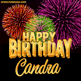 A golden 'Happy Birthday Candra' message with vibrant fireworks in the background, creating a festive and celebratory vibe in this animated name GIF.