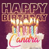 A colorful birthday cake topped with lit candles, with the words 'Happy Birthday Candra' in bold glowing letters on a burgundy background. Animated flames add a festive touch.