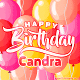 A vibrant name GIF featuring colorful balloons in shades of pink, orange, and yellow with the bold text 'Happy Birthday Candra' in festive fonts, creating a lively birthday vibe.