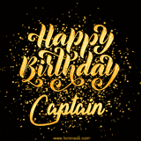 Animated GIF with colorful, festive 'Happy Birthday Captain' text decorated with patterns, a party hat, and falling confetti. A vibrant and cheerful design for birthday celebrations.