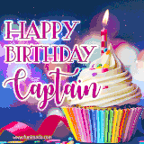 A festive animated GIF featuring a colorful cupcake with a single lit candle, sprinkles, and 'Happy Birthday Captain' text against a sparkling, celebratory background.