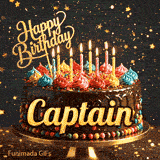 Shimmering birthday animation for Captain featuring a delicious chocolate drip cake with glowing yellow candles.