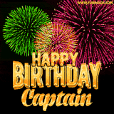 A captivating GIF with bursts of green, pink, and orange fireworks lighting up the night sky, accompanied by 'Happy Birthday Captain' in glowing golden text.