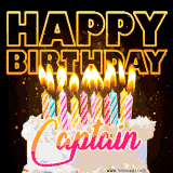A vibrant animated GIF featuring a delicious birthday cake topped with glowing candles and the name 'Captain' in elegant script, and the words 'Happy Birthday' on the black background.