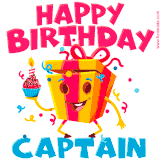 A funny animated birthday GIF with the words 'Happy Birthday Captaina', colorful gift box with arms and legs, holding a cupcake with a lit candle  with confetti everywhere.