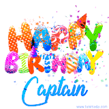 Animated GIF with colorful, festive 'Happy Birthday Captain' text decorated with patterns, a party hat, and falling confetti. A vibrant and cheerful design for birthday celebrations.
