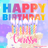 A vibrant animated name GIF with the words 'Happy Birthday Carissa' with colorful candles on a creamy cake. The background sparkles with pastel shades, adding a festive touch.