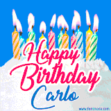 A cheerful animated GIF featuring colorful lit birthday candles on a white cake, with the text 'Happy Birthday Carlo' in bold red and blue script on a bright blue background.