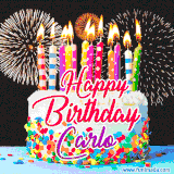 A lively happy birthday animated GIF showcasing a colorful birthday cake covered in sprinkles, topped with glowing candles, and surrounded by vibrant fireworks. The name 'Carlo' is featured in elegant script.