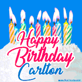 A cheerful animated GIF featuring colorful lit birthday candles on a white cake, with the text 'Happy Birthday Carlton' in bold red and blue script on a bright blue background.