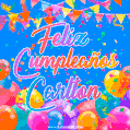 A vibrant animated GIF with 'Feliz Cumpleaños Carlton' written in colorful script, surrounded by balloons, confetti, and bunting on a bright blue background.