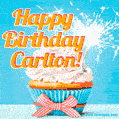 A cheerful animated GIF of a cupcake with creamy frosting, a red checkered ribbon, and a bright sparkler on top. The text 'Happy Birthday Carlton!' is displayed in vibrant orange and red.