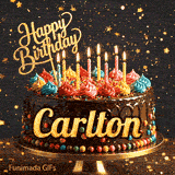A customized birthday ecard for Carlton displaying a rich chocolate cake with a sparkly dark background.