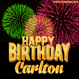 A captivating GIF with bursts of green, pink, and orange fireworks lighting up the night sky, accompanied by 'Happy Birthday Carlton' in glowing golden text.