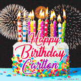 A lively happy birthday animated GIF showcasing a colorful birthday cake covered in sprinkles, topped with glowing candles, and surrounded by vibrant fireworks. The name 'Carlton' is featured in elegant script.