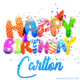 Animated GIF with colorful, festive 'Happy Birthday Carlton' text decorated with patterns, a party hat, and falling confetti. A vibrant and cheerful design for birthday celebrations.