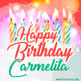 Bright birthday candles with rainbow flames on a cake, alongside the text 'Happy Birthday Carmelita' in vibrant script in this celebratory animated GIF.