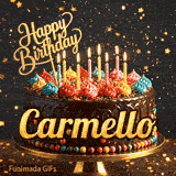 Shimmering animated card featuring a detailed chocolate cake and the name Carmello for his birthday celebration.