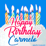 A cheerful animated GIF featuring colorful lit birthday candles on a white cake, with the text 'Happy Birthday Carmelo' in bold red and blue script on a bright blue background.