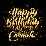 Animated GIF with colorful, festive 'Happy Birthday Carmelo' text decorated with patterns, a party hat, and falling confetti. A vibrant and cheerful design for birthday celebrations.