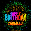 A colorful animated GIF featuring the text 'Happy Birthday Carmelo!' in rainbow colors with a dynamic iridescent firework display in the background.