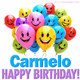 An animated birthday-themed name GIF with colorful smiling balloons and bold 'Carmelo, Happy Birthday!' text for a celebratory touch.