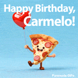 Happy Birthday Carmelo text above a cute animated slice of pepperoni pizza