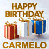 Animated Happy Birthday Carmelo graphic featuring a red, a white, and a blue present, each decorated with a luxurious shiny gold ribbon