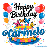 A detailed animated card featuring a butterfly-themed cake with Carmelo's name in rounded script.