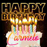 A vibrant animated GIF featuring a delicious birthday cake topped with glowing candles and the name 'Carmelo' in elegant script, and the words 'Happy Birthday' on the black background.
