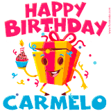 A funny animated birthday GIF with the words 'Happy Birthday Carmeloa', colorful gift box with arms and legs, holding a cupcake with a lit candle  with confetti everywhere.