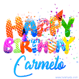 Animated GIF with colorful, festive 'Happy Birthday Carmelo' text decorated with patterns, a party hat, and falling confetti. A vibrant and cheerful design for birthday celebrations.